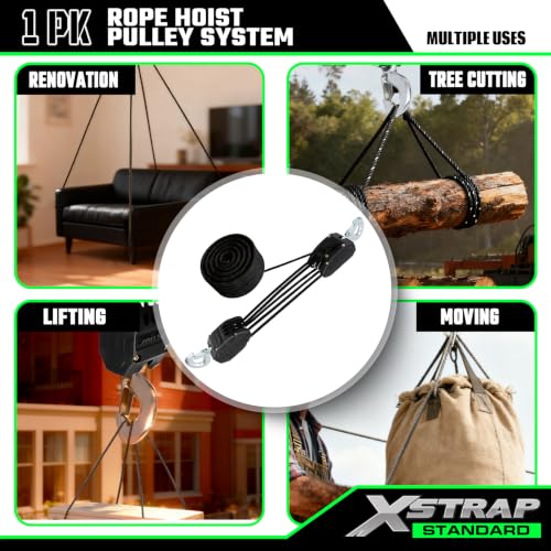 XSTRAP 5:1 Block&Tackle Pulley System Rope Hoist, 50 Ft, 2000 LBS Black | Heavy-Duty 2000 LBS Breaking Strength with 2PK Soft Loops, Pulley Hoist bearing metal wheels for Lifting Heavy Objects - color: Upgraded 50ft Black