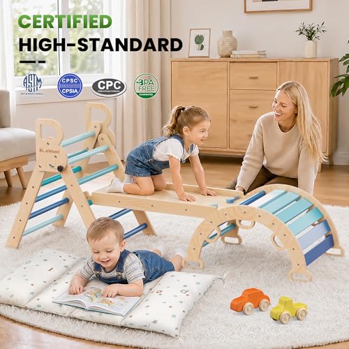 BlueWood Pikler Triangle Set with Cushion, Wooden Climbing Toys for Toddler | Foldable 9-in-1 Montessori Philosophy Toddler Climbing Toys Indoor with Reversible Ramp, Arch and Ladder - Blue - color: Blue