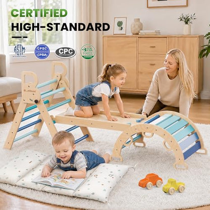 BlueWood Pikler Triangle Set with Cushion, Wooden Climbing Toys for Toddler | Foldable 9-in-1 Montessori Philosophy Toddler Climbing Toys Indoor with Reversible Ramp, Arch and Ladder - Blue - color: Blue