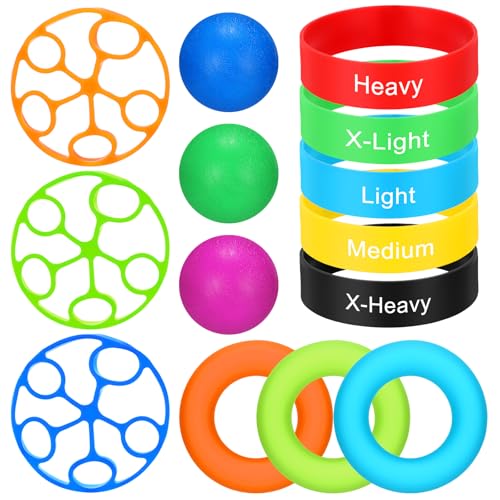 Hoteam 14 Pcs Hand Grip Strengthener Kit Finger Toe Stretcher Band Separator with Weight Indicator Finger Stretcher Relief Massage Balls Hand Grip Strengthener for Adults Pain Relief Climbing Gym