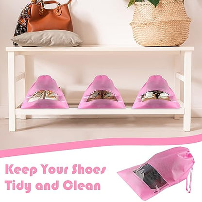 Pink Travel Shoe Bags - 5 Pcs Non-Woven Drawstring Packing Bags with Clear Window (15.7" x 11.8") - color: Pink, style: 5 Pack