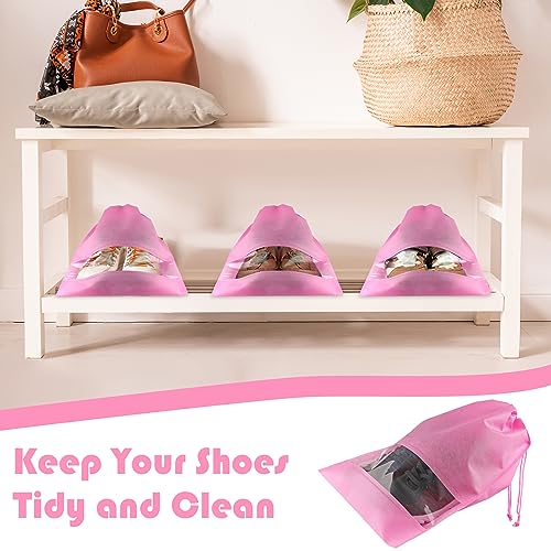 Large Pink Travel Shoe Bags - 10 Pcs, Non-Woven Drawstring with Clear Window (12.6" X 17.3") - color: Pink, style: 10 Pack