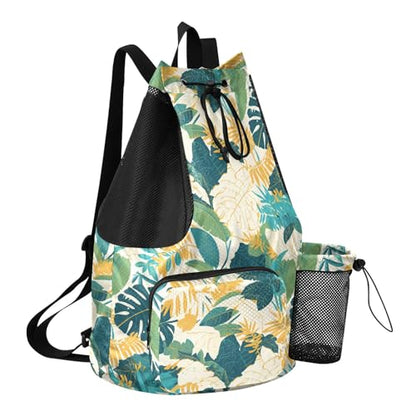 Drawstring Backpack For Swim Climbing Gym Bag With Water Bottle Holder Cinch Sack Waterproof Tropical Plants Green