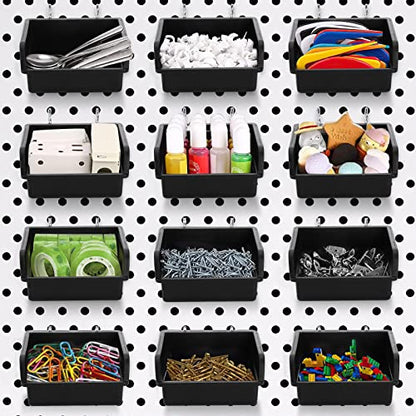 Foraineam 16 Pack Pegboard Bins with Metal Hooks, Black Garage Workbench Bins Cups Peg Board Accessories Kit, Pegboard Tools Organizer for Hardware, Workshop, Craft Room, Tool Shed, Hobby Supplies