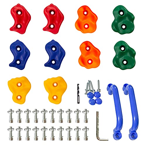 KINSPORY 10pc Rock Wall Climbing Holds for Kid, Play Set Climber Attachment | Colourful anti-slip pig nose rocks, two blue handles, complete mounting hardware for indoor outdoor playground building