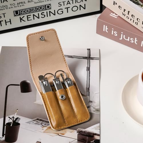6 PCS Premium Stainless Steel Nail Clippers Set, Professional Manicure Pedicure Kit with Snap Fastener PU Leather Case, Travel Grooming Kit, Ideal Gift for Men and Women(D-Khaki) - color: D-brown