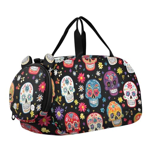 Kids Sports Duffel Bag for Boys & Girls - Colorful Sugar Skull Floral 100% Polyester Gym Bag with Separate Shoe Compartment, Adjustable Shoulder Strap, Compact Travel & Workout Gear Bag - color: Colorful Sugar Skull Floral