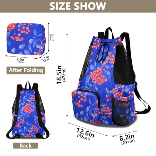 Drawstring Gym Bags For Men Women Climbing Gym Bag With Pockets String Swim Bag Waterproof Red Rowanberry Fruit Royal Blue