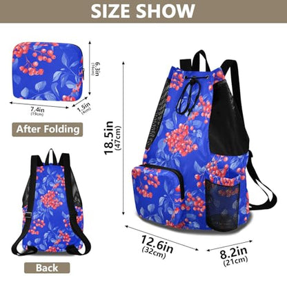 Drawstring Gym Bags For Men Women Climbing Gym Bag With Pockets String Swim Bag Waterproof Red Rowanberry Fruit Royal Blue