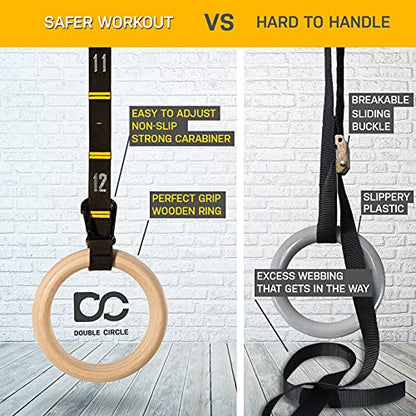 Double Circle Wood Gymnastics Rings with Quick Adjust Numbered Straps and Exercise Videos Guide - Full Body Workout Rings, Calisthenics, Home Gym (Multi-Size) - style: Rings & Straps - Extra Long