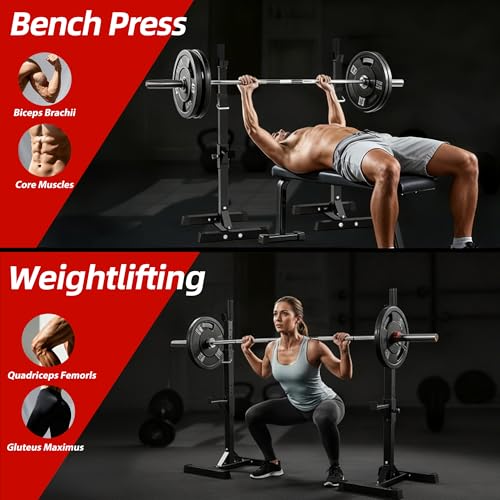 JupiterForce Adjustable Squat Rack Stands, Pair of Sturdy Steel Bench Press Rack, Barbell Rack, 40''-66'' 550lbs Max Load Portable Dumbbell Racks Stands for Home Gym, Black