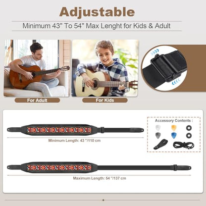 Guitar Strap and Bass Strap, Embroidery Guitar Strap, Adjustable Strap Length, Equipped with 3D Sponge Filled Foam Pad, Comes with 4 Picks + 2 Strap Locks, Best Gift for Guitar Players, Red Flower - color: Red Flower