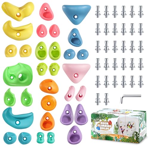 TOPNEW 32Pcs Rock Climbing Holds, Multi Size Climbing Wall Grips for Kids & Adults, Weather Resistant Bouldering Rocks with Hardware, Indoor Outdoor Playground DIY Rock Wall Holds, Ideal - style: 32 PCS Pastel Color Climbing Holds
