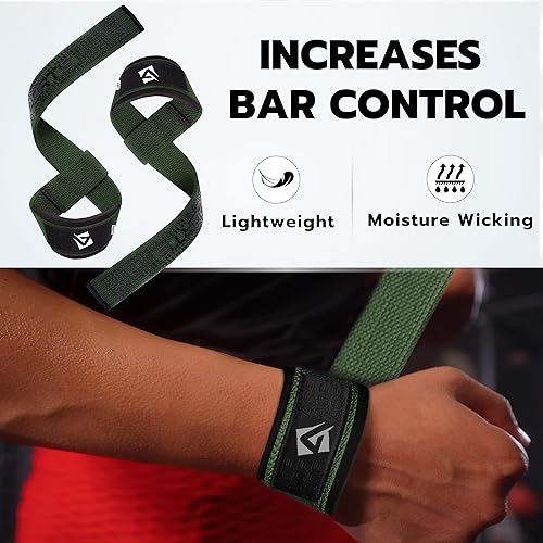 AQF Weight Lifting Straps, Padded Cotton Gym Wrist Straps for Deadlifts | 23" Extra-Long, Heavy-Duty Webbing, 5mm Neoprene Cushioning, Open-Loop Design, Sold as Pair, Ideal for Rows & Pull Workout - color: M/Green Gel Grip