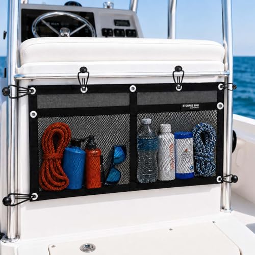 Boat Storage Bag,Polyester Boat Mesh Suspended Storage Bag,Black Boats Storage Mesh Pocket,Boat Seat Storage Bag for Leaning Post with 6 Positioning Elastic Loops. (32" L x 15" W (2 Pockets)) - size: 32"L x 15"W