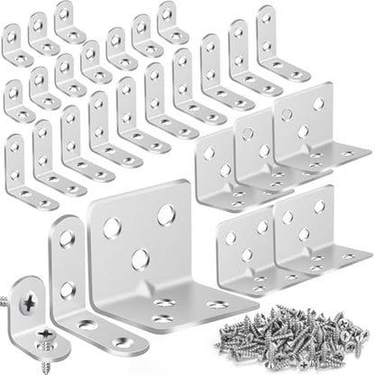 MAPVOLUT 25Pcs Silver L Brackets for Shelves, 3 Sizes Angle Corner Braces Metal L Bracket Heavy Duty for Wood, Sturdy and Rustproof for Repairing Furniture with 82Pcs Screws Mounting Bracket Easily - size: 3 SIZE Silver