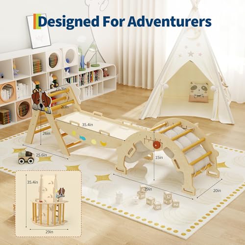 OUTLANE Pikler Triangle Set, 7-in-1 Foldable Wooden Toddler Climbing Toys Indoor, Jungle Gym for Toddlers, Large Montessori Climbing Set with Reversible Slide, Arch Ramp, Ladder & Cushion (Natural) - color: Natural