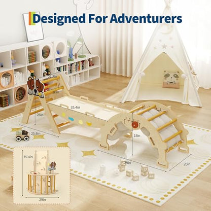 OUTLANE Pikler Triangle Set, 7-in-1 Foldable Wooden Toddler Climbing Toys Indoor, Jungle Gym for Toddlers, Large Montessori Climbing Set with Reversible Slide, Arch Ramp, Ladder & Cushion (Natural) - color: Natural