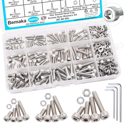 405PCS M3 M4 M5 Metric Screw Assortment Kit, 8-20mm Hex Socket Head Cap Screws Bolts Nuts Washers Assortment Kit, 304 Stainless Steel Metric Bolts with 3 Hex Wrench - size: SS M3 M4 M5, style: Socket Head