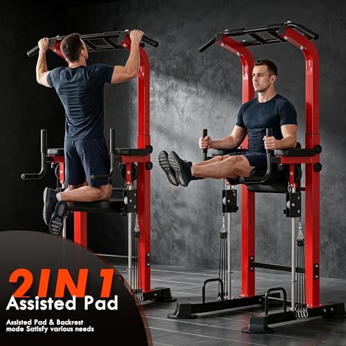 SogesPower Power Tower Multi-Function Pull Up Bar Station for Home Gym | 10-Level Height& 5-Level Armrest Adjustable,2-IN-1 Assisted Pad,Pull Up Dip Station Strength Training Workout Equipment - color: Red