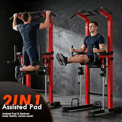 SogesPower Power Tower Multi-Function Pull Up Bar Station for Home Gym | 10-Level Height& 5-Level Armrest Adjustable,2-IN-1 Assisted Pad,Pull Up Dip Station Strength Training Workout Equipment - color: Red