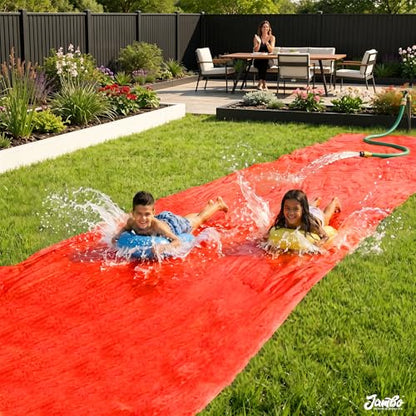 JAMBO 40Ft 3XL Updated Mega Slip Splash and Slide and 2 Bodyboards, Heavy Duty with Inflatable Crash Pad, Slide Splash Mat Outdoor Splash Mat n Backyard Water Toys - color: Blue, Green, Yellow
