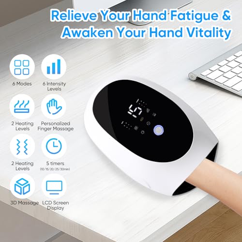 Hand Massager | Heat and Compression, Deep Kneading & Intermittent Negative Pressure Therapy, 6 Modes & Intensities
