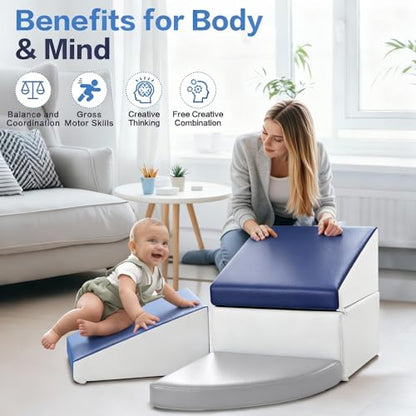Sumbababy Climbing Foam Blocks for Toddlers: PU Leather Foam Blocks for Kids Active Play - Toddler Climbing Toys Indoor - Durable Playground Gym Preschool Toddler Toys for Boys and Girls - style: Navy/Haze Blue