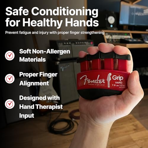 Fender GRIP Hand and Finger Exerciser – Best Ergonomic Finger Strengthener to improve play on all stringed instruments (Guitar, Bass, Violin, etc.) (Tensions: WHITE=5-Lbs; RED=7-Lbs; BLACK=9-Lbs) - color: Red