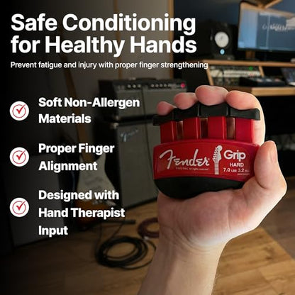 Fender GRIP Hand and Finger Exerciser – Best Ergonomic Finger Strengthener to improve play on all stringed instruments (Guitar, Bass, Violin, etc.) (Tensions: WHITE=5-Lbs; RED=7-Lbs; BLACK=9-Lbs) - color: Red