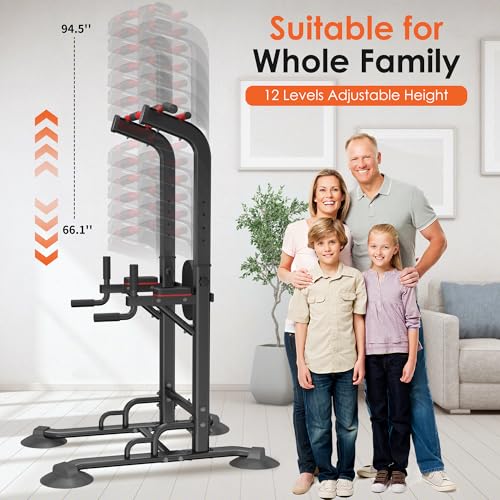 soges Power Tower Pull Up Bar Station, Dip Station for Home Gym, Height Adjustable Heavy Duty Strength Home Training Fitness Workout Equipment - color: Black