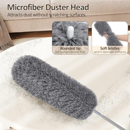 Extendable Feather Duster, Microfibre Dusters for Cleaning, Washable Long Handled Duster with 40-240 cm Telescopic Pole and Groove Brush, for High Ceilings, Household, Cars