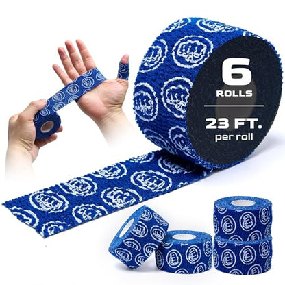 Weightlifting Hook Grip Tape 23ft Roll – 100% Elastic Sweat & Chalk Proof Thumb Tape for Crossfit, Gym, Weightlifting, Pull Ups, Gymnastics, Rowing & Multi-Sport Grip Protection - 6 Pack (Blue)