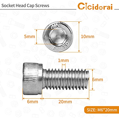 M6-1.0 x 20mm Socket Head Cap Screws Bolts, 304 Stainless Steel (A2-70), Allen Socket Drive, Bright Finish, Full Machine Threads, Quantity 25 - size: M6 x 20mm(25 PCS)