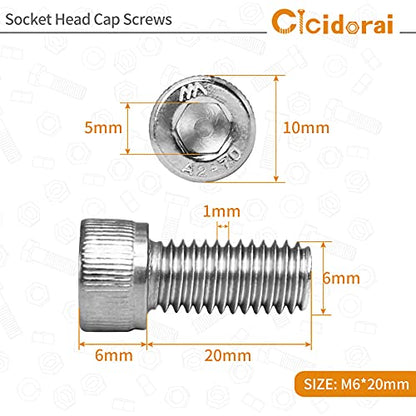M6-1.0 x 20mm Socket Head Cap Screws Bolts, 304 Stainless Steel (A2-70), Allen Socket Drive, Bright Finish, Full Machine Threads, Quantity 25 - size: M6 x 20mm(25 PCS)