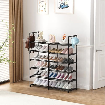 2-Row 6-Tier Stackable Shoe Rack, Black Metal Shoe Shelf with Multifunctional Hooks, Hold 24-30 Pairs, Space Saving Shoes Organizer for Closet,Show Rack - size: 2 Row 6 Tier