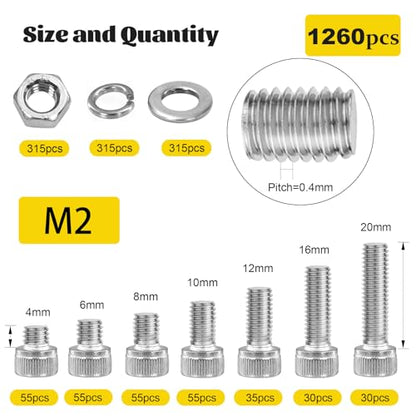 1260pcs M2 Screw Assortment kit, M2*4mm/6mm/8mm/10mm/12mm/16mm/20mm 304 Stainless Steel Hex Socket Head Cap Screw Bolts Nuts Flat & Lock Washer Set - size: SS M2 1260pcs