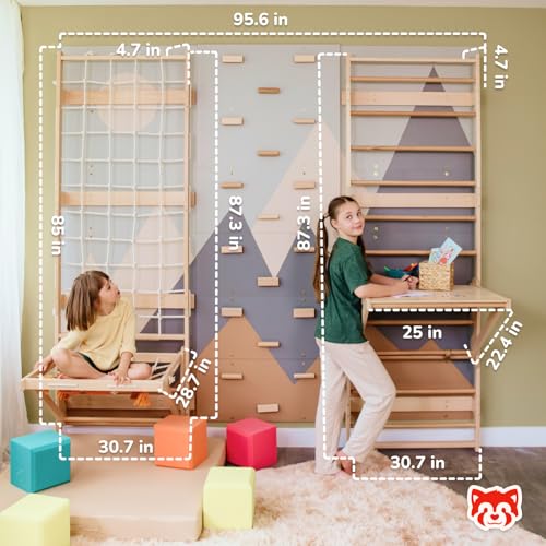 WoodandHearts 5in1 Modular Swedish Wall Gym Set for Kids Sensory Development – Swedish Ladder with Adjustable Pull-Up Bar, Rope Climbing Wall & Rock Climbing Panels (Base Set+Sorter Desk+Sit-Up Bar) - style: Base Set + 2-in-1 Sorter Desk + Sit-Up Bar