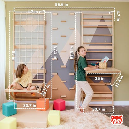 WoodandHearts 5in1 Modular Swedish Wall Gym Set for Kids Sensory Development – Swedish Ladder with Adjustable Pull-Up Bar, Rope Climbing Wall & Rock Climbing Panels (Base Set+Sorter Desk+Sit-Up Bar) - style: Base Set + 2-in-1 Sorter Desk + Sit-Up Bar