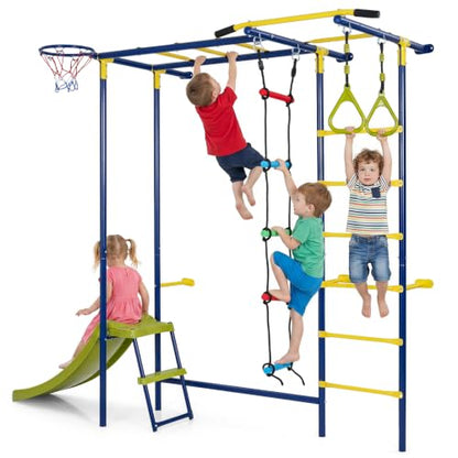 Costzon 7-in-1 Indoor Jungle Gym for Toddlers | Indoor Kids Gym for Exercise, Pull-up Bar, Rope, Gymnastic Rings, Solid Wall Set up, Climber Toys Boys Girls Gift - style: 7-in-1 Climbing Toys with Slide