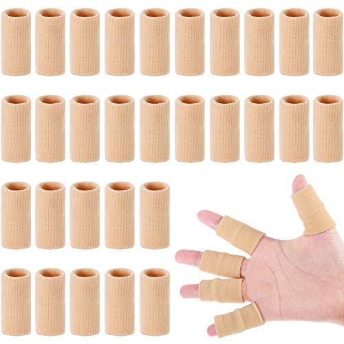 Skylety 30 Pieces Finger Sleeves with 1 Storage Bag, Thumb Splint Brace Support Protector Breathable Elastic Finger Tape for Pain Relief Arthritis Trigger Sports Basketball Baseball(Beige) - color: Beige