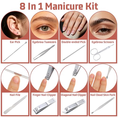 12 Sets Manicure Set, 8 in 1 Stainless Steel Nail Care Kit, Sturdy Manicure Tool Kits with Travel Case, Nail Grooming Kit Gift, for Men and Women(Pink) - color: Pink