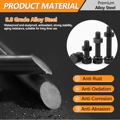448 PCS Metric M5 M6 M8 Heavy Duty Hex Cap Bolts and Nuts Flat & Lock Washers Assortment Kit, 8.8 Grade Alloy Steel Black Metric Fully Thread Hexagon Allen Machine Bolt, 12 Most Common Sizes - style: Hex Head Cap - Kits