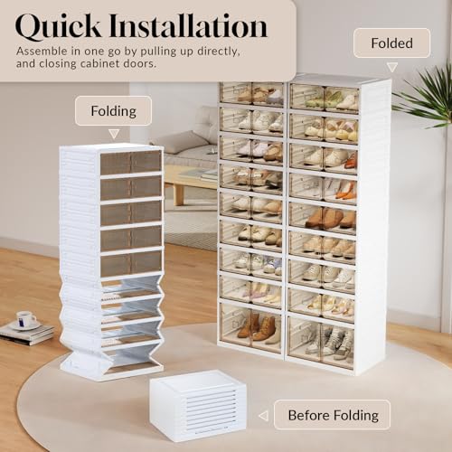 9-Tier Foldable Shoe Rack Organizer, 36 Pairs Stackable & Collapsible Shoe Cabinet with Transparent Doors & Leather Handles, Space-Saving Storage for Entryway, Closet, Kitchen, Cabinet, White - size: 9 Tiers