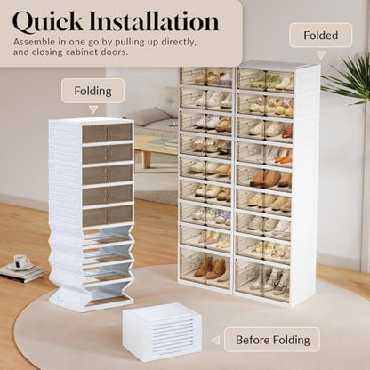 9-Tier Foldable Shoe Rack Organizer, 36 Pairs Stackable & Collapsible Shoe Cabinet with Transparent Doors & Leather Handles, Space-Saving Storage for Entryway, Closet, Kitchen, Cabinet, White - size: 9 Tiers