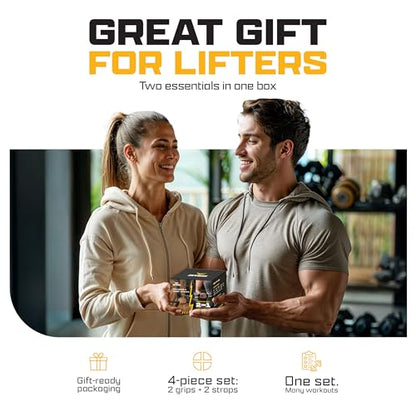 Workout Grips & Wrist Straps Set - Anti-Slip Silicone Hand Grips + Lifting Straps for Gym, Weightlifting, Pull-Ups, Deadlifts - Gloves Alternative (2 Grips + 2 Straps + Carry Case)