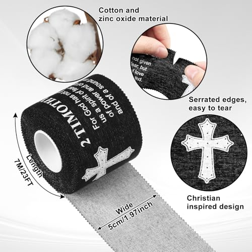 MiniInflat 2 Pcs Christian Cross Athletic Tape Sports Tape 2in x 23ft Religion Jesus Wrist Wrap for Soccer Football Baseball, Gift for Graduation Teacher Nurses Week Pentecost(Black,2 Timothy 1:7) - color: Black, style: 2 Timothy