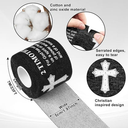 MiniInflat 2 Pcs Christian Cross Athletic Tape Sports Tape 2in x 23ft Religion Jesus Wrist Wrap for Soccer Football Baseball, Gift for Graduation Teacher Nurses Week Pentecost(Black,2 Timothy 1:7) - color: Black, style: 2 Timothy