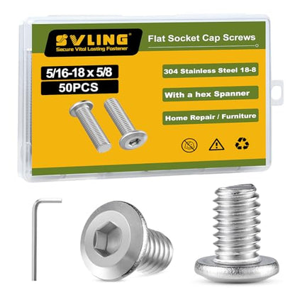 5/16-18 x 5/8" Bolt, 50PCS Flat Head Hex Socket Cap Screws Bolts, 304 Stainless Steel 18-8, Fully Threaded, with Hex Spanner - color: Silver, size: 5/16-18 x 5/8