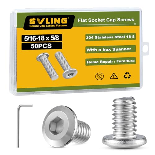 5/16-18 x 5/8" Bolt, 50PCS Flat Head Hex Socket Cap Screws Bolts, 304 Stainless Steel 18-8, Fully Threaded, with Hex Spanner - color: Silver, size: 5/16-18 x 5/8